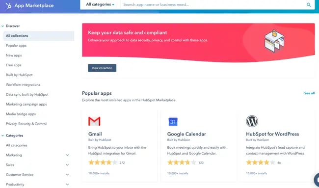 HubSpot's App Marketplace customer review website