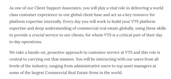 Customer service job description example from VTS