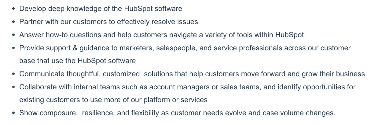 Customer service job description example from HubSpot