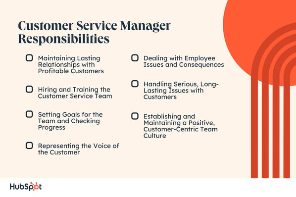 Customer Service Manager Responsibilities. Maintaining Lasting Relationships with Profitable Customers. Customer Service Manager Responsibilities. Hiring and Training the Customer Service Team. Setting Goals for the Team and Checking Progress. Representing the Voice of the Customer. Dealing with Employee Issues and Consequences. Handling Serious, Long-Lasting Issues with Customers. Establishing and Maintaining a Positive, Customer-Centric Team Culture
