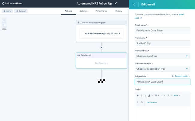 Customer service workflow automation example in HubSpot