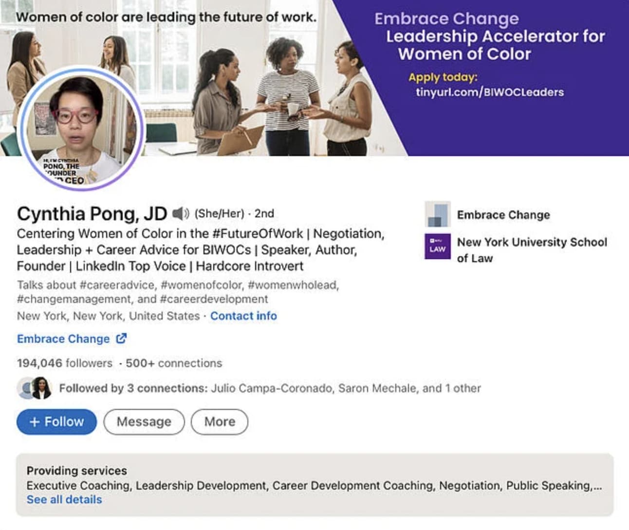 LinkedIn summary example: Cynthia Pong