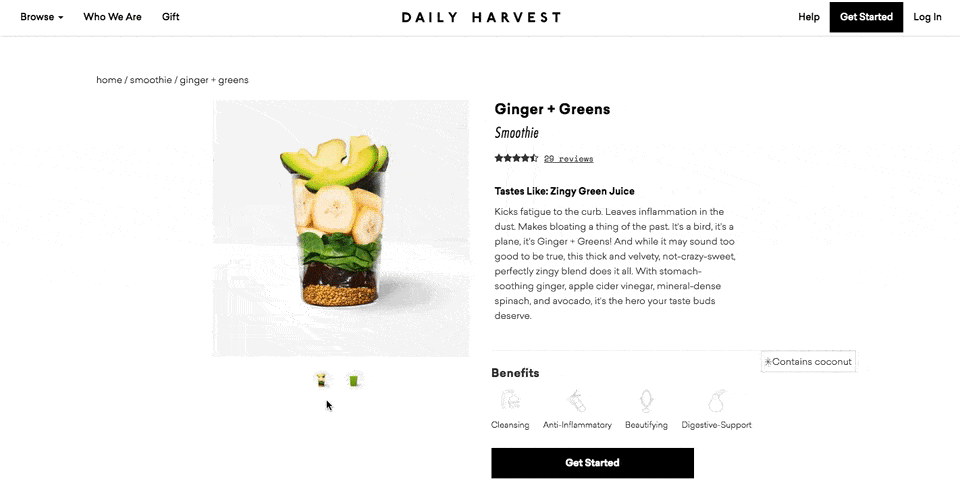 Product landing page for Ginger + Greens smoothie with ingredients list by Daily Harvest