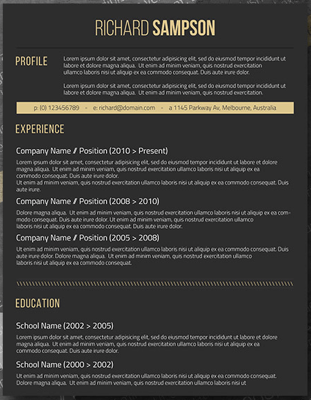 Dark resume template with black background and yellow font
