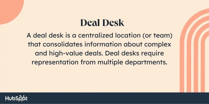  A deal desk is a centralized location (or team) that consolidates information about complex and high-value deals. Deal desks require representation from multiple departments. 