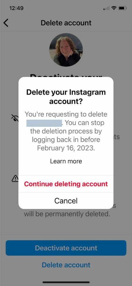 How to delete Instagram example: Continue deleting account