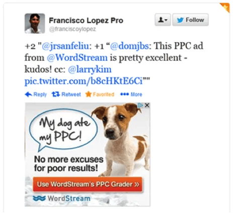 remarketing ad from wordstream with a puppy on it that says "my dog ate my ppc! no more excuses for poor results"