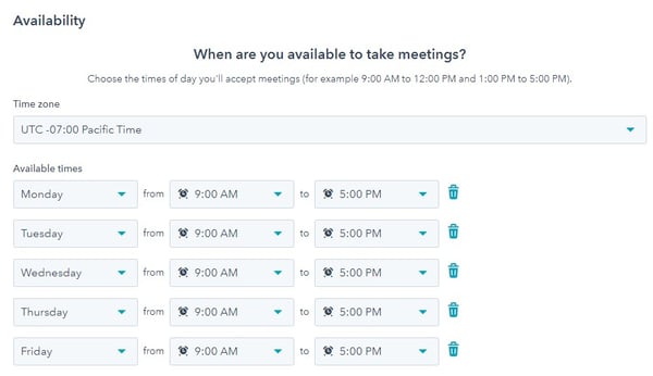 screenshot of designating meeting availability in hubspot