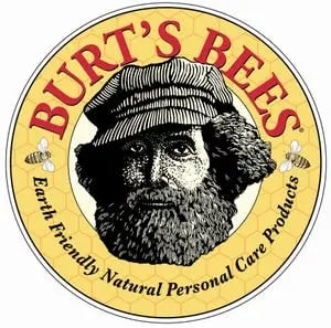 Example of brand identity with the burt's bees logo, a bearded man in the center with two bees and red lettering for the business name