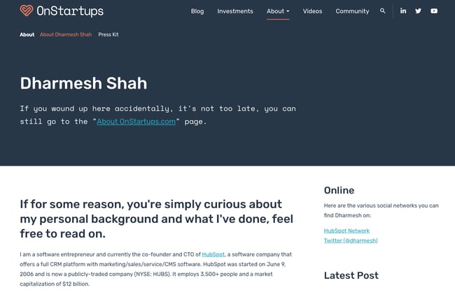 dharmesh shah onstartups bio.png?width=650&name=dharmesh shah onstartups bio - How to Write About Your Professional Background