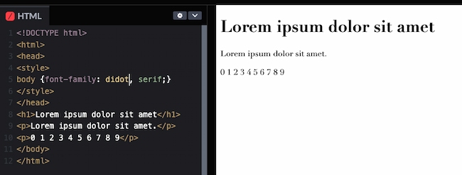 HTML and CSS fonts code example: Didot