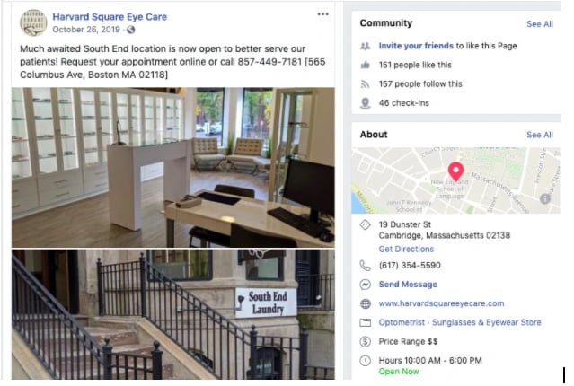 Harvard Square Eye Care's Facebook Business page