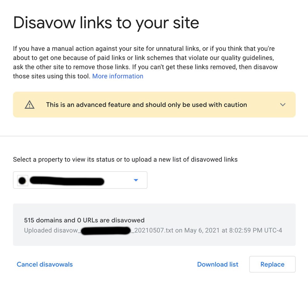 Google Search Console's disavow link tool