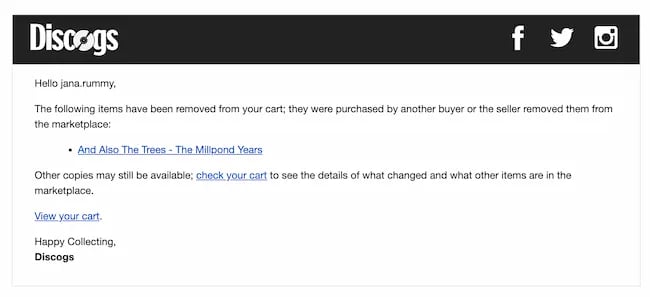 Abandoned cart email examples, Discogs