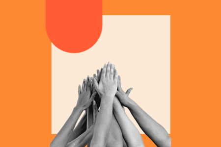 diversity, equity, and inclusion survey questions; image of hands coming together in the center of an orange frame