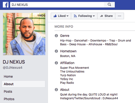DJ Nexus' Facebook Bio Example