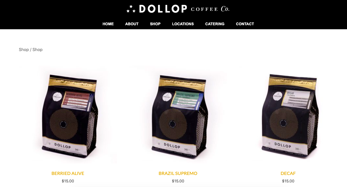 how to design an ecommerce website: dollop coffee shop desktop