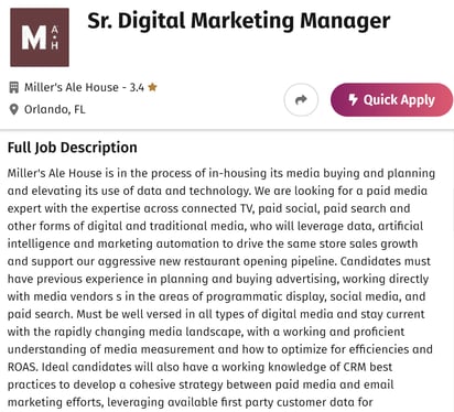 Job post seeking a senior digital marketing manager with AI knowledge; AI jobs in marketing