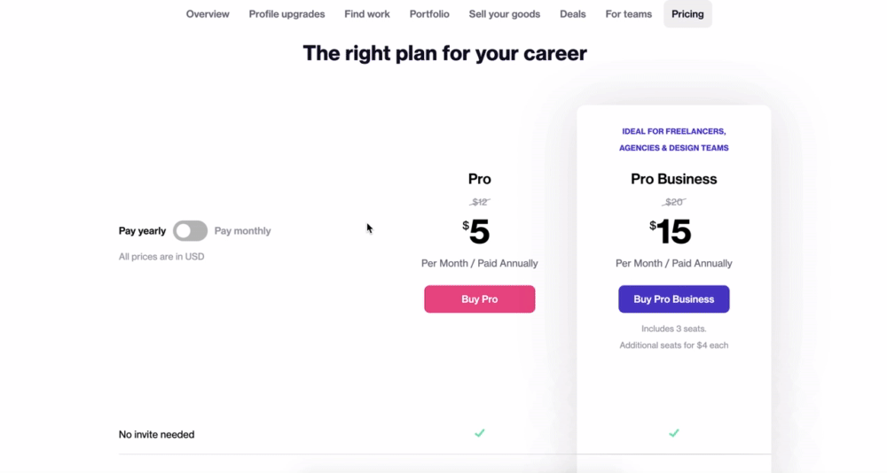 pricing page for the membership website dribbble