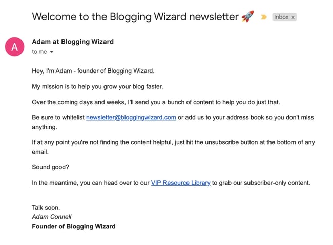 Blogging Wizard welcome email campaign