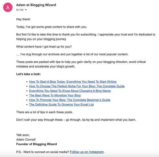 Blogging Wizard welcome email drip campaign