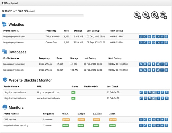 dropmysite backup dashboard for website backup example