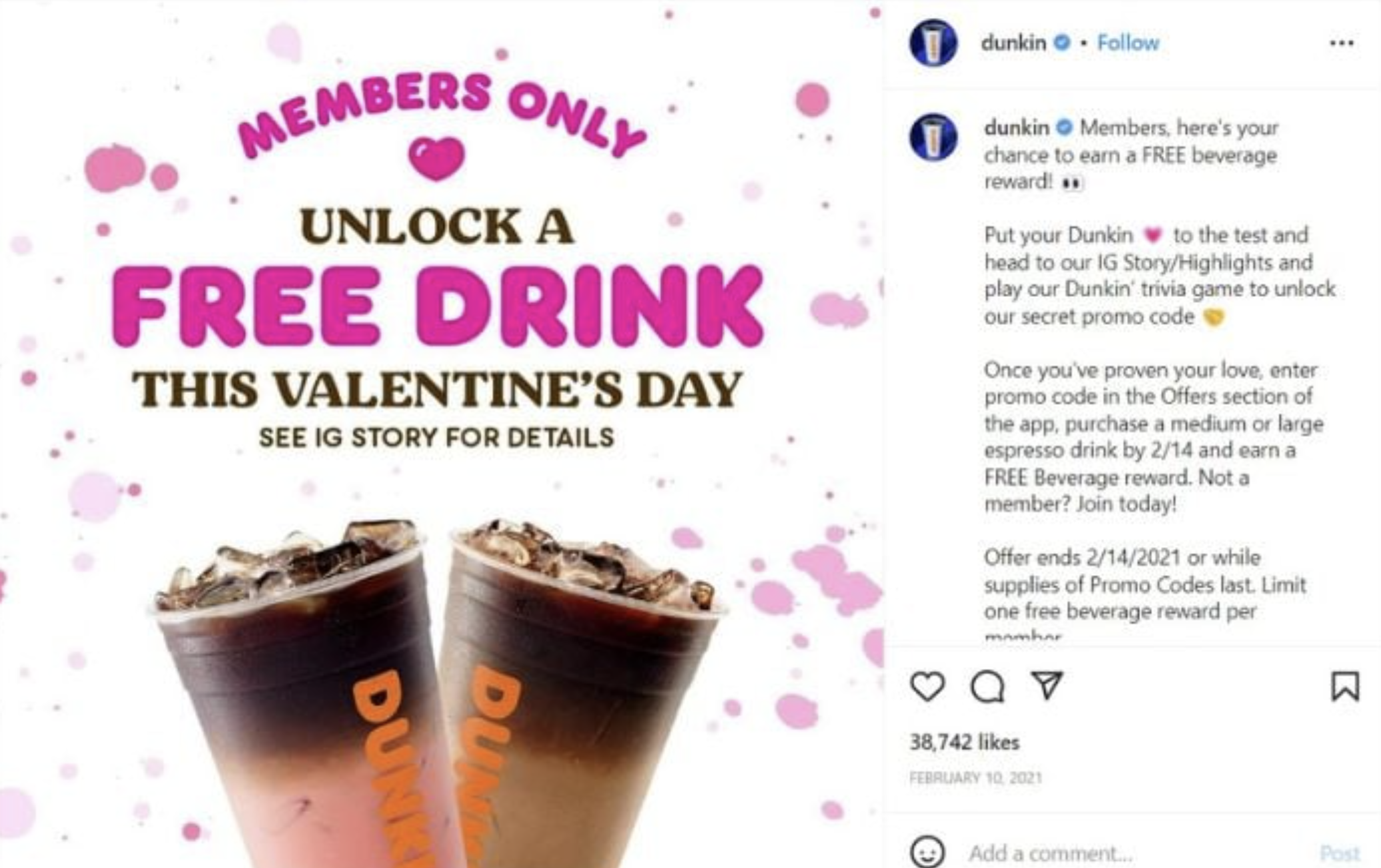 Screenshot of Dunkin Valentine's Day Instagram marketing campaign.