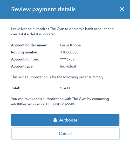 Screenshot of echeck payment authorization