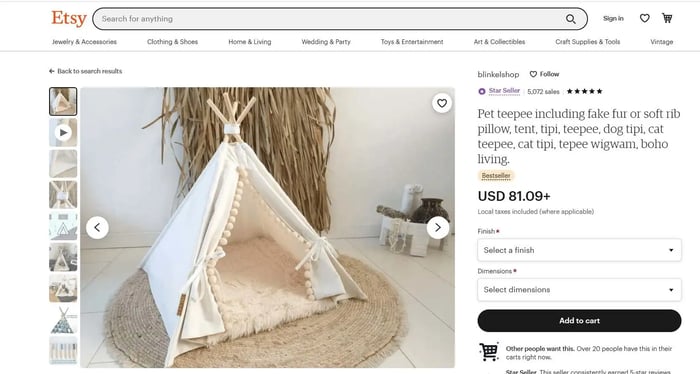 best ecommerce niches, Etsy store selling pet teepees