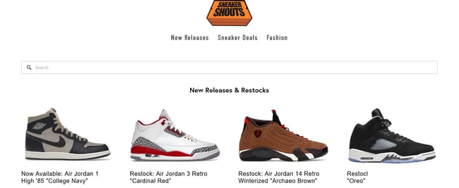 ecommerce website examples: sneaker shouts