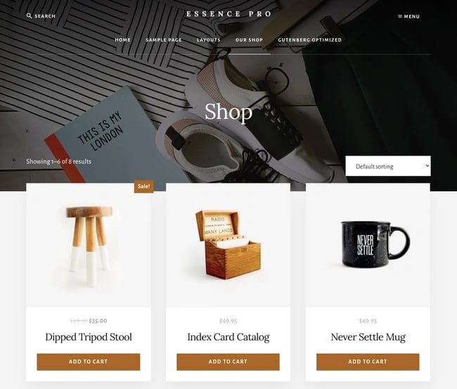 Ecommerce shop page of Essence Pro theme package