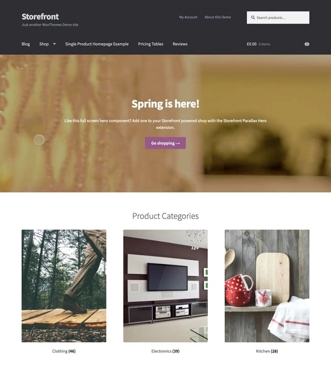 Free WordPress ecommerce theme Storefront demo features video background and categories