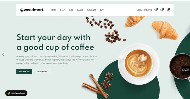 Online coffee shop demo of the WordPress ecommerce theme Woodmart