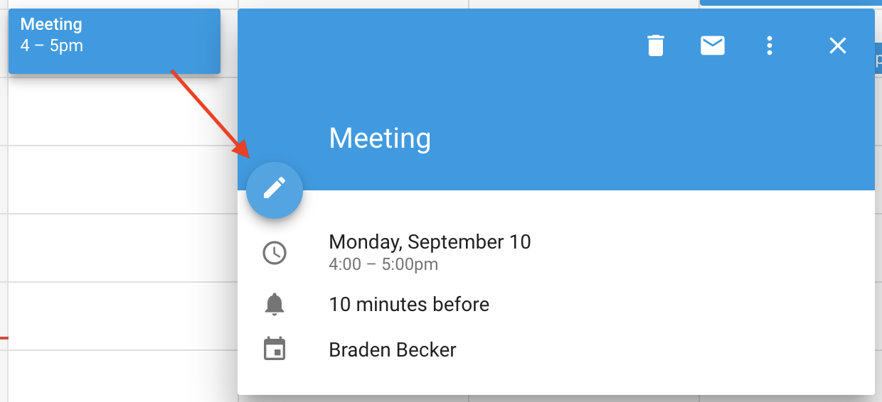 Pencil icon to edit event in Google Calendar