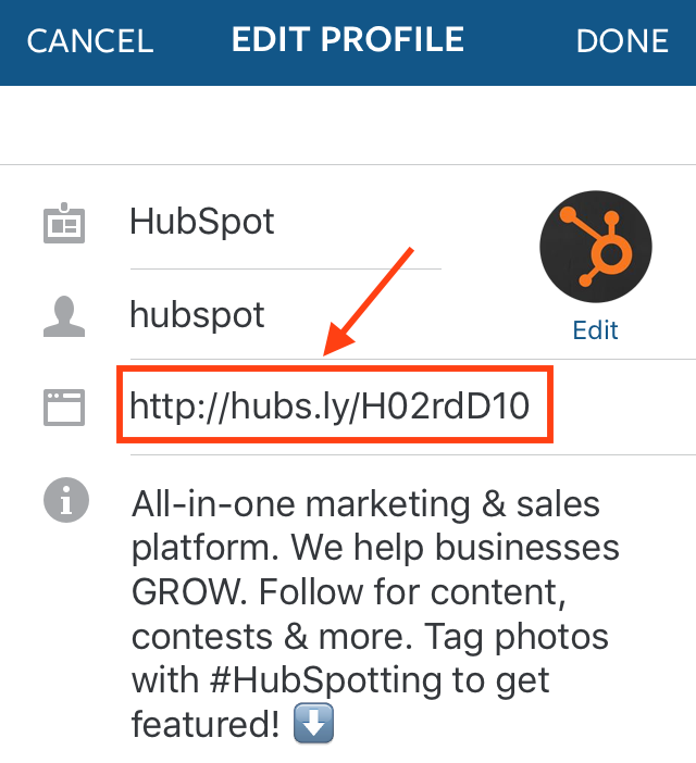Link in bio of HubSpot's Instagram account
