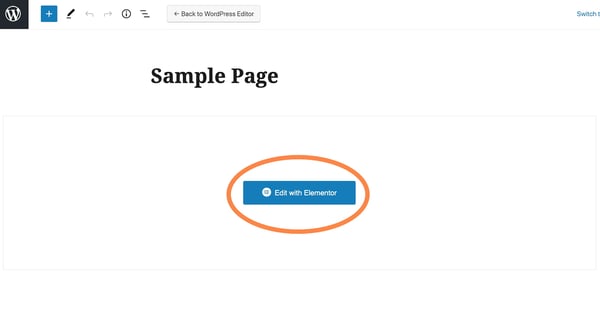 WordPress' native page editor (Gutenberg) with the title "Sample Page" and a button that says "Edit with Elementor"