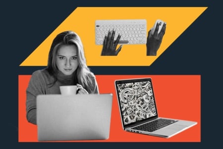 education themes: image shows hands on a keyboard, a person on a laptop, and a laptop computer nearby