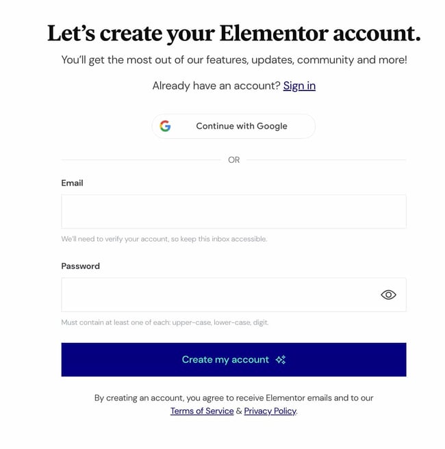 elementor wordpress: How to use Elementor with WordPress — how to install elementor via elementor.com: enter email address and password to create an account