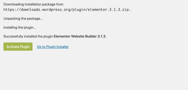 Installation confirmation for the Elementor page builder plugin, with a button that says "Activate Plugin"