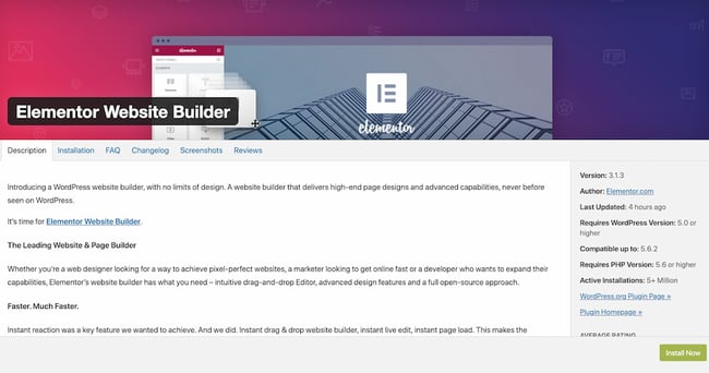 Elementor's plugin page on WordPress' plugin library with the heading "Elementor Website Builder"