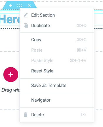 Elementor section editor menu with several options, including "Duplicate," "Save as Template," and "Delete"