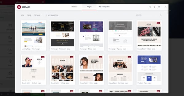 Elementor's template library with various page templates to choose from