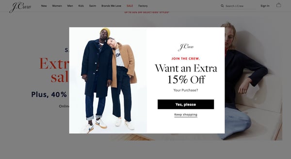 email capture, pop-up connected the J.Crew website offering a 15% discount