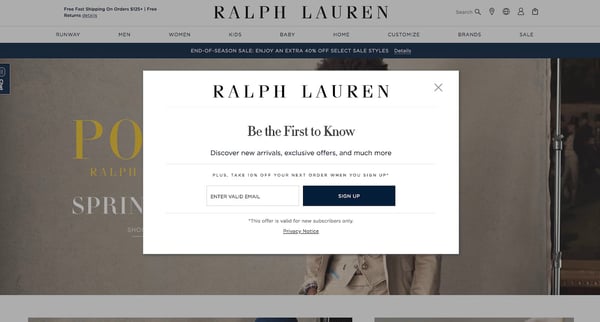 email seizure pop-up connected the Ralph Lauren website