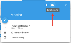 Googleカレンダーのイベントで封筒のアイコンをクリックして、ゲストに会議の案内をメールする