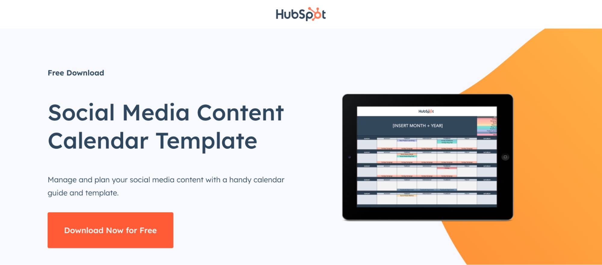 A landing page for HubSpot’s Social Media Content Calendar Template which is used for email lead generation.