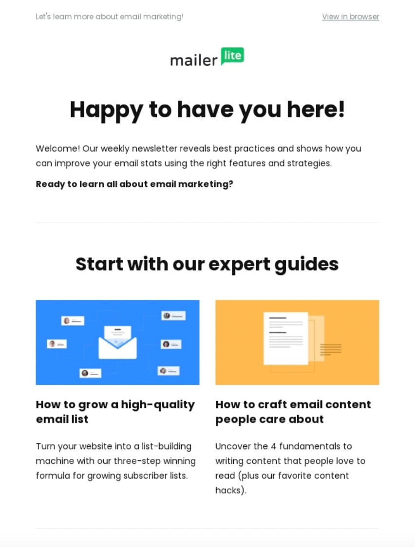 A preview of an email from MailerLite, which sends out a welcome email to new subscribers.