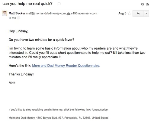 Email Marketing Campaign Example: Mom and Dad Money - "can you help me real quick?"