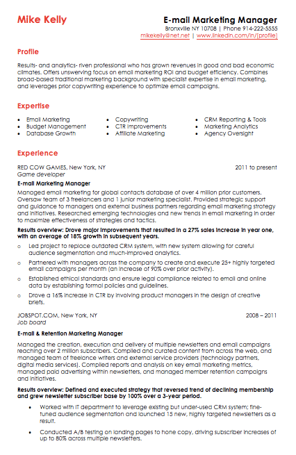 Email marketing resume template with red header text
