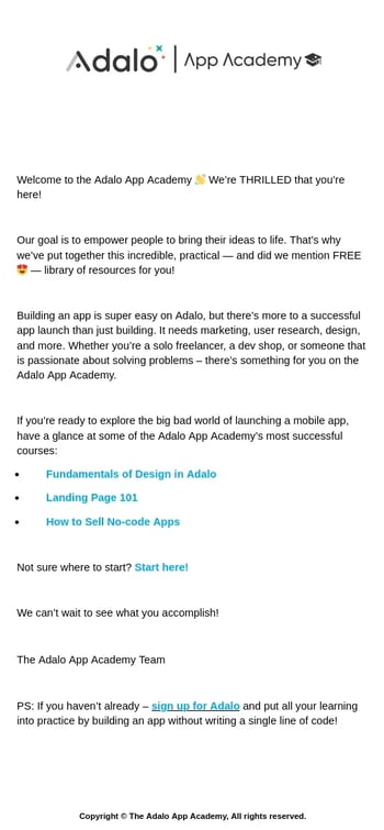 An email onboarding letter showing how to invite users to your community from Adalo